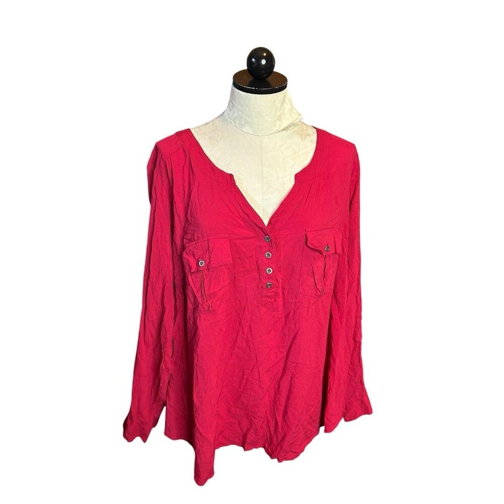 Torrid Top Tunic Red Floral 3 (3X) Long Sleeve 1/4 Button‎ Down Pockets